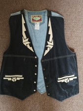 VINTAGE MEN'S COWBOY WESTERN WAISTCOAT BLACK LEATHER DENIM FANCY DRESS SIZE L