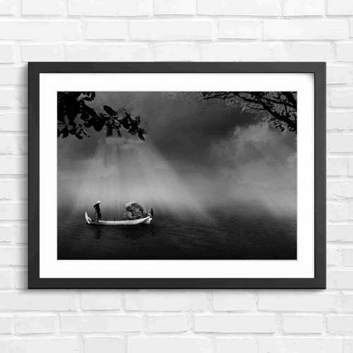 Foggy lake boat with - foggy,