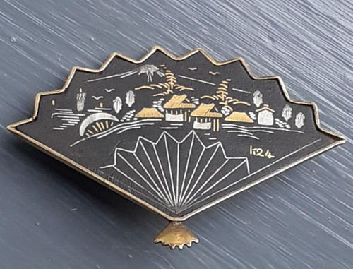 Shakudo fan brooch - brooch, with