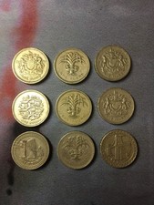 Job lot collection bundle of 9 x old round one pound £1 coins circulated