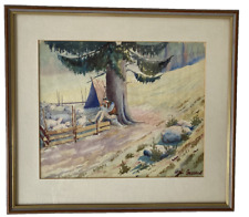 Vintage Framed Watercolour Painting Shepherd & Sheep Poland Artist Signed 1940's