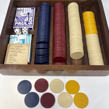 Antique Clay Poker Chip Set in Solid Walnut Wood Box w/Dice Bar Man Cave Decor