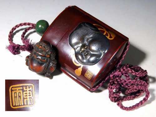 Signed inro tengu okame - tengu, &