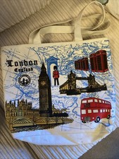 Vintage London Souvenir Tote Shopper Bag Big Ben Phone Boxes Bus Street Scene