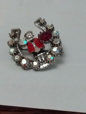 Pretty Vintage Jewelled Horseshoe Brooch Showing Lady In Welsh National Costum