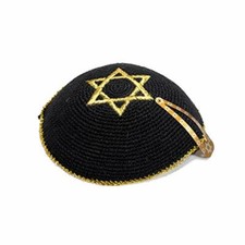 High Quality Kippah Cotton Embroidered Adult Knitted Black Gold Star Of David