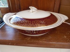 1940s china covered dishes PAIR, burgundy and gold Crownford Pottery - Burslem
