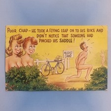 Saucy Comic Postcard C1970 Bicycle Nudist Camp Flying Leap Missing Saddle