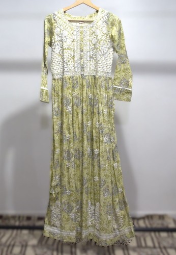 Sage green floral cotton - green, long
