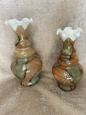 Stevia Italy Empoli Opaline Glass Marble Effect Vases Matching Set Ruffle Rim