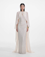 BNWT RP £650 Self-Portrait cream rhinestone cape gown. Size UK 8