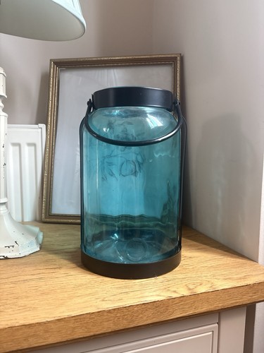 Large teal glass hurricane - glass,