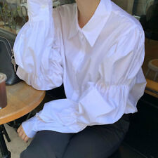 Women Puff Sleeve White Shirt Button Front Collar Top Solid Casual Office Daily