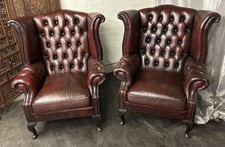 2 ox blood Red leather chesterfield Queen Anne high back chairs CAN DELIVER ?