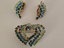 VINTAGE EARRINGS & INTERLOCKED HEART BROOCH SET RHINESTONE $0 SHIP