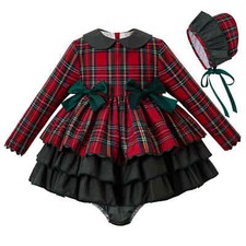 Spanish Baby Girl Christmas Dress with Bonnet Knickers Tartan Clothing Sets Red
