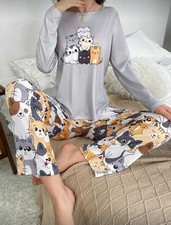 CARTOON CAT grey animal Women Ladies Pyjamas PJs Gift Novelty Size 8 10 12/14 16
