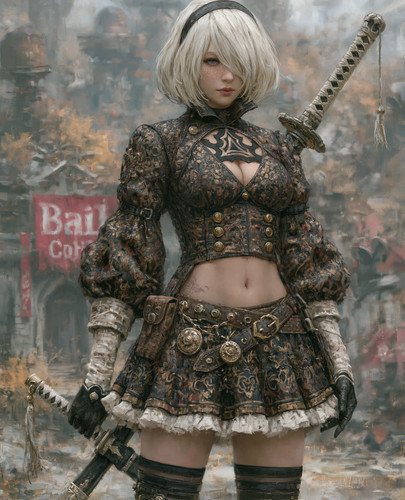 With twin katanas black - in,