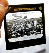 Derby Day crowd horse racing antique photo magic lantern slide #971