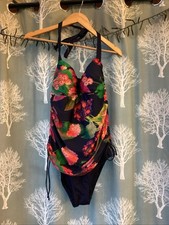 NEXT Swimming Costume Size 12, Navy, Floral, Halter Neck, Slimming Tummy Ruffle