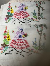 Two hand embroidere Crinoline Lady antimacassars