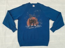 Jerzees Vintage Sweatshirt Blue Reindeer Design Large Christmas Made In USA
