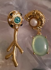 Cute Mixed Pair Sea Shell and Fossil Green and Gold Fashion Earrings 