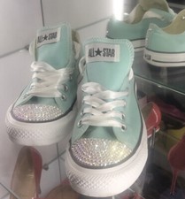 Converse Customised Mint Green Converse Rhinestoned Bling Size 5 Limited Edition