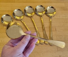 Gold Colour Soup Spoons x 6.  19 cm long. Stainless Steel Round. ex Wedding