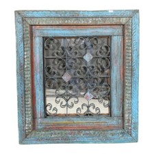 Antique Azure Blue Indian Teak & Iron Jali Window Mirror – 19th Century