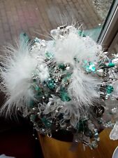 Bridal Bouquet,hand Crafted Original,Teal,Jewellery,Feathers, Beads,Butterflies 
