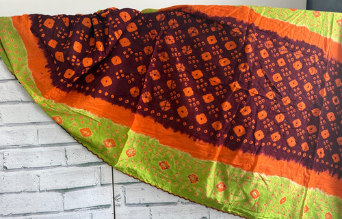 Bandhani saree green orange - bandhani,