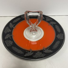 Black Orange Glass Serving Dish Cake Plate Silver overlay pheasant bird Print