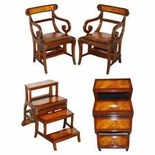 BURR WALNUT BROWN LEATHER REGENCY METAMORPHIC READING ARMCHAIR TO LIBRARY STEPS