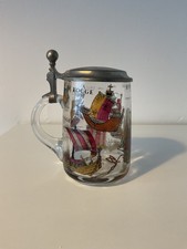 Glass Beer Stein w/ Pewter Lid Hollander Wikinger Mug Tankard Viking Ships