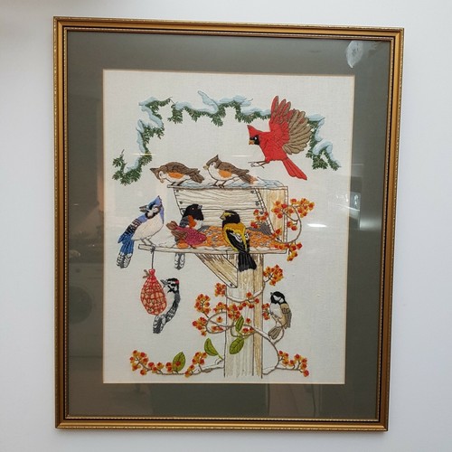 Birds feeding vintage crewel - birds,