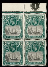 ST. HELENA GV SG98 + 98a, 1d BROKEN MAINMAST in BLOCK with PLATE NUMBER, NH MINT