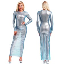 Womens Shiny See Through Long Sleeve Bodycon Metallic Sheer Maxi Dress Clubwear