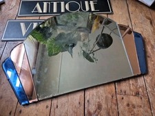 Vintage Old Antqiue Art Deco Peach & Blue Fan Cloud Foxed Bevelled Edge Mirror 