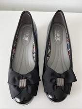 Hotter PANSY Low Wedge Heel Ladies Court Shoes Black Patent With Large Bow 4.5