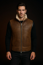Men's Brown Sheepskin Leather & Real Shearling Fur Gilet Vest Jacket XXS - 6XL