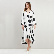 Wallis Long Tiered Wrap Dress Size 10 Ivory Black Spot Long Sleeves Party BNWT