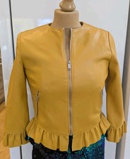 New Zara Faux Leather Mustard  Yellow Jacket Size S 10 Zip Up Frill 