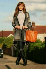 Damart Soft Wool Acrylic Mix Grey Brown Stripe Waterfall Shawl Cardigan RRP £35