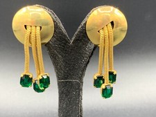 Antique Gold Filled Brass Clip on Drop Earrings Bevelled Emerald Crystal Tassels