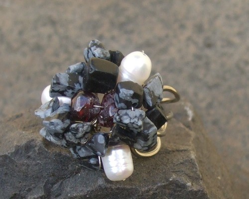 Ring snowflake obsidian pearl - ring,