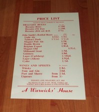 1960's WARWICKS HOUSE..BREWERY PRICE LIST..NEW OLD STOCK..UNUSED.