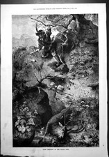 Old Antique Print Deer Hunting en Time Crossbow Hunter Stag Woodland 1887 19th