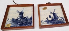 Pair of Vintage Delft Blue Windmill Tiles in Wooden Frames
