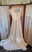 Vintage 1940's White Satin Demure Wedding Gown Back Train Provenance Museum